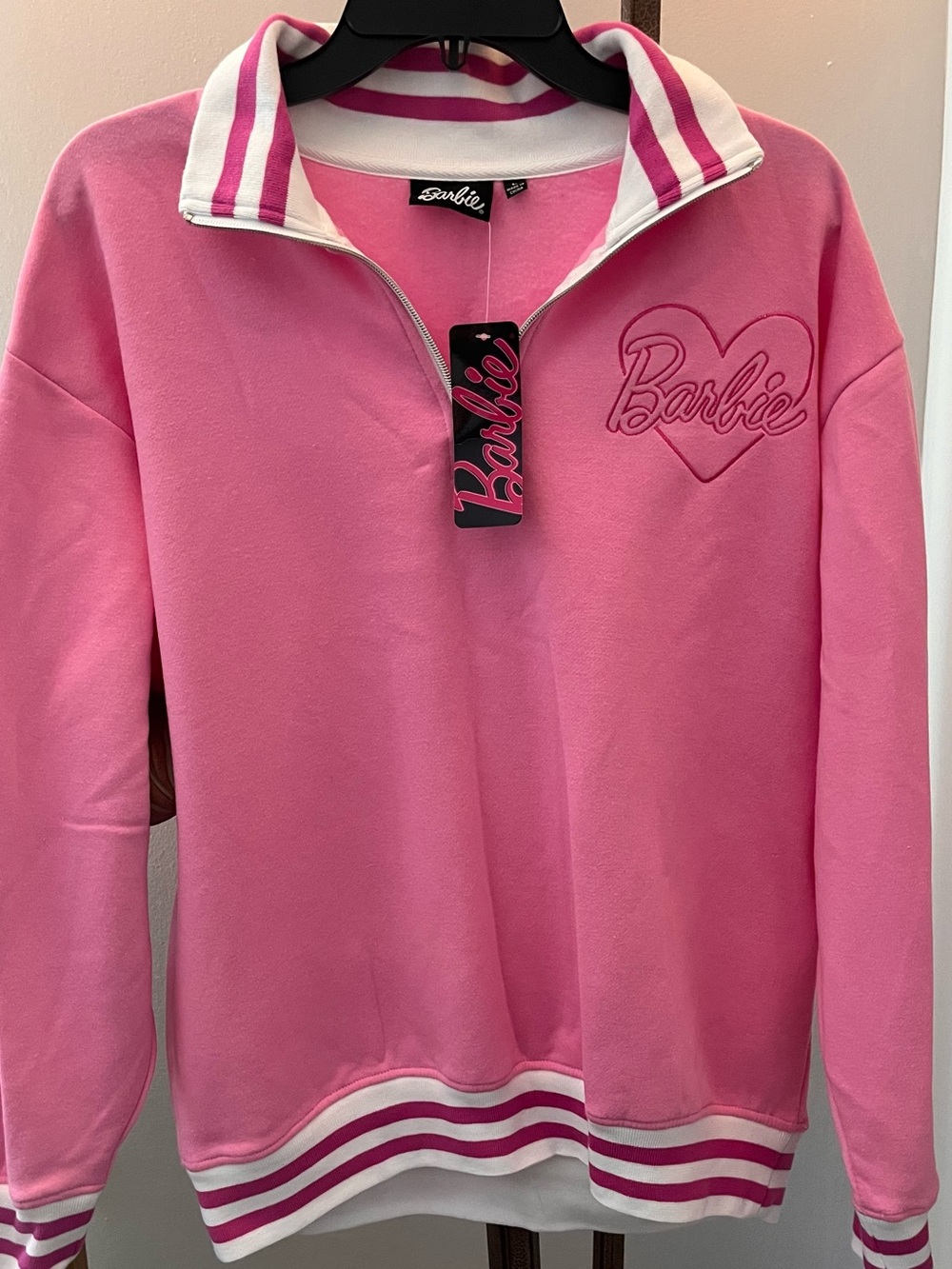 Barbie Hot Pink Striped-Collar quarter-zip Pullover